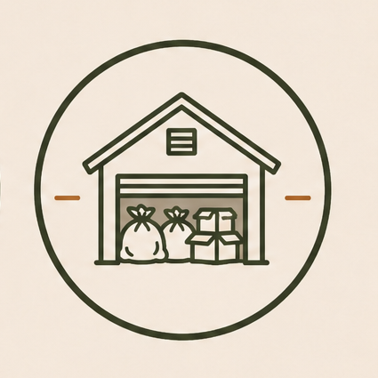 Simple line drawing of a garage with two bags and two boxes inside, enclosed in a circle.