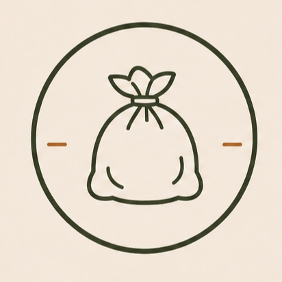 Simple black outline of a tied cloth bag inside a circle with two small horizontal lines on either side.