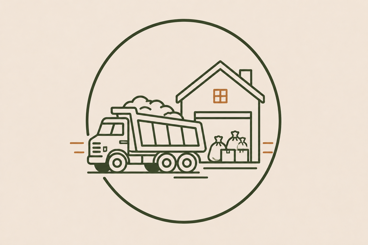 Line drawing of a delivery truck parked in front of a house with a garage and a window, with bags and boxes nearby, all enclosed in a circle.