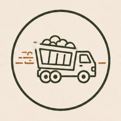 Line drawing of a delivery truck carrying a load of cargo, surrounded by a circular border.