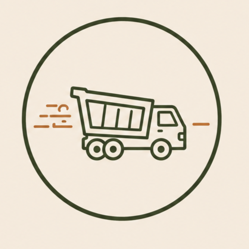 Line drawing of a delivery truck with motion lines, inside a circle.