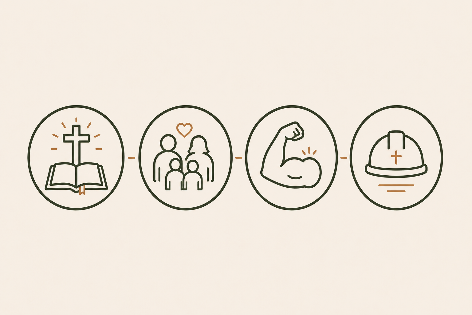 Icons representing faith, family, strength, and healthcare.