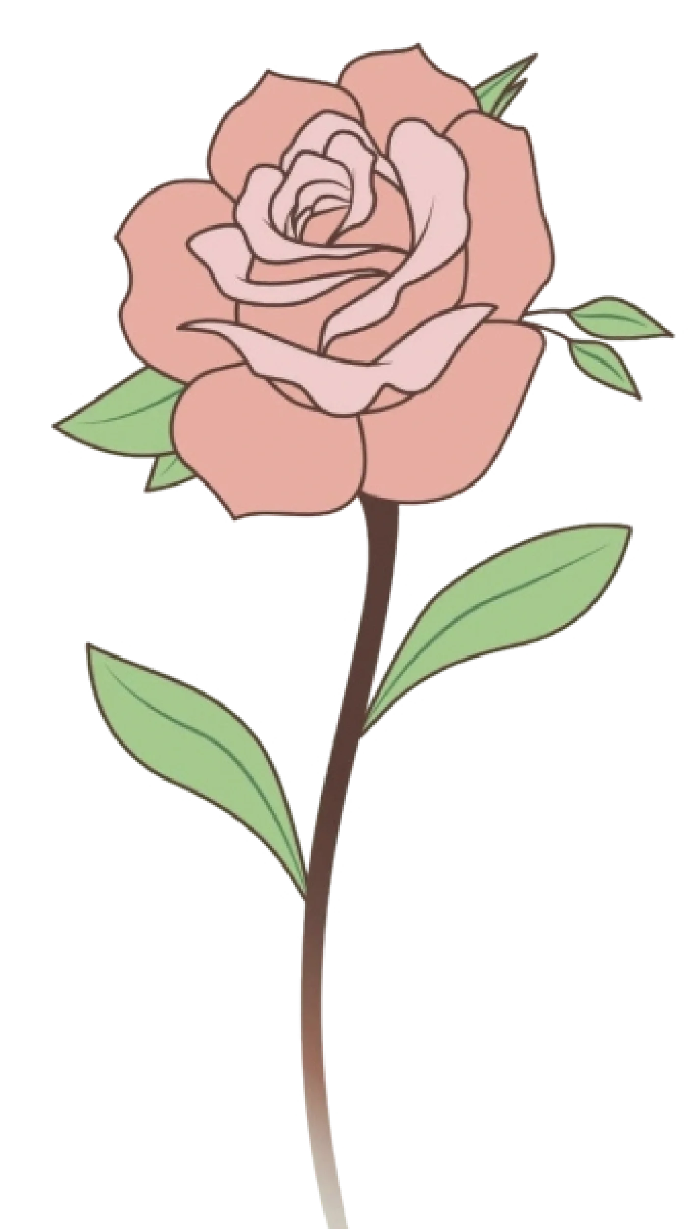 A digital illustration of a pink rose with green leaves.