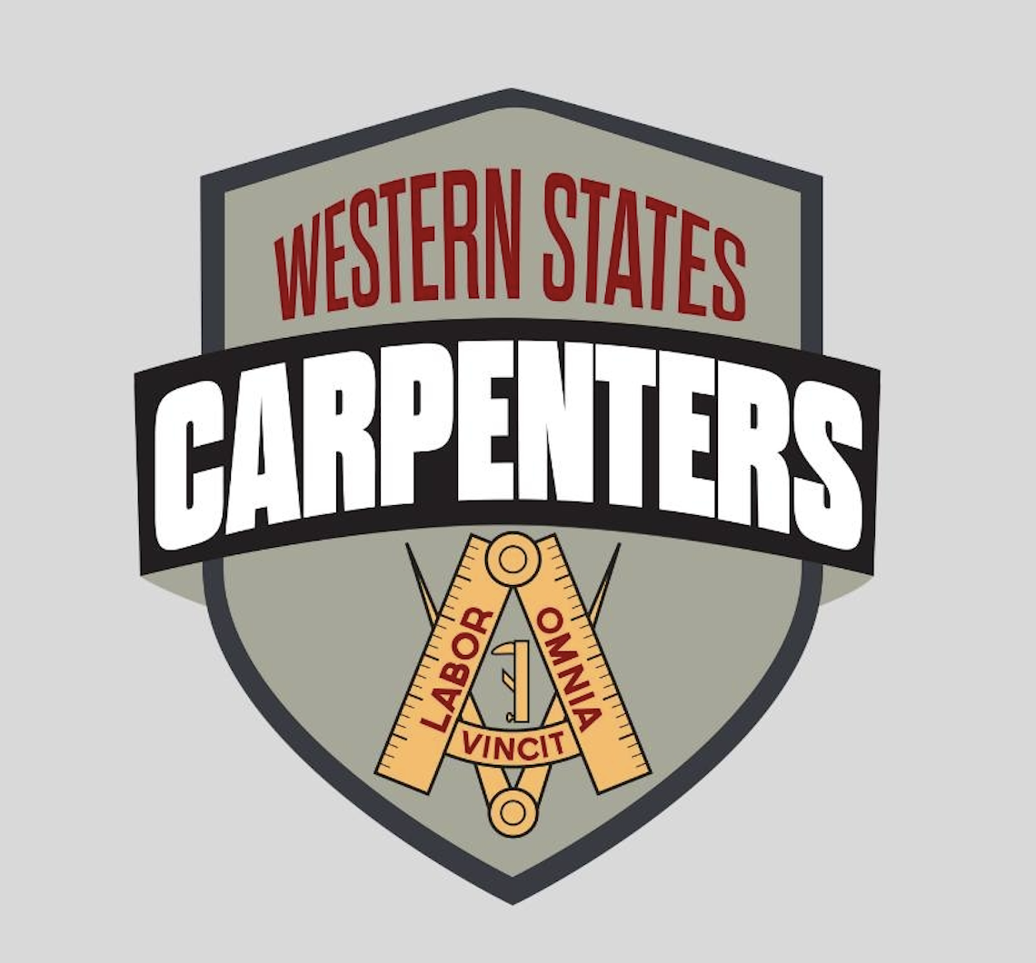 Emblem for Western States Carpenters with a shield, featuring a carpenter's square and the Latin phrase 'Labor Vincit' (work conquers)