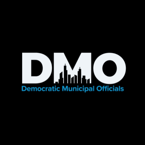 Logo with the letters DMO and a city skyline silhouette, with the words "Democratic Municipal Officials" below in blue text.