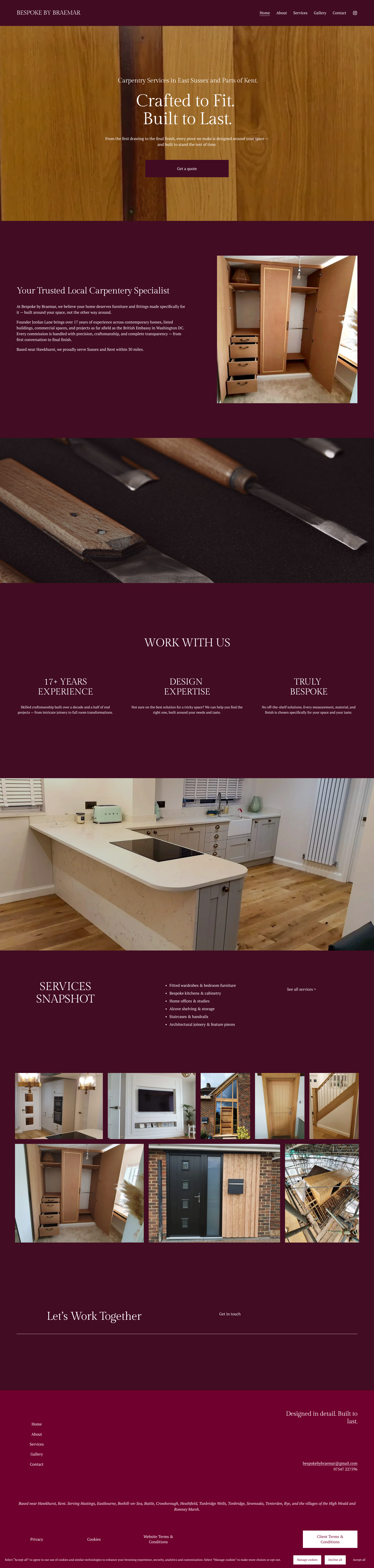 A website homepage for a carpentry business featuring a header with navigation links, a large wooden background with overlay text 'Crafted to Fit. Built to Last.', images of woodworking tools, a kitchen with a white island and hardwood floors, and a portfolio of carpentry projects.