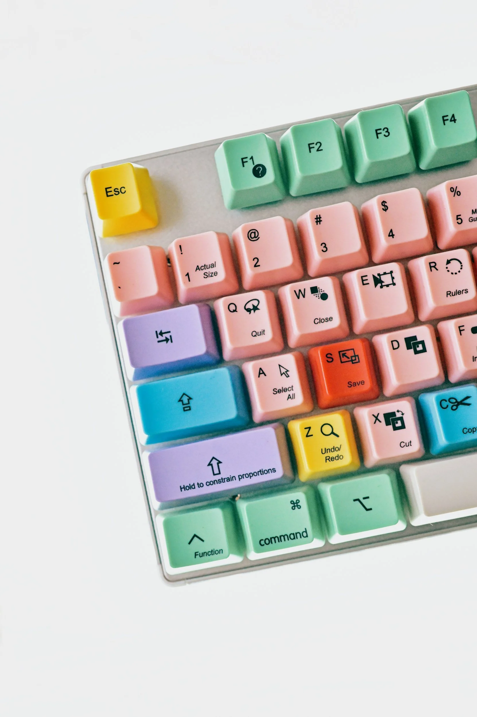 Close-up of a colorful computer keyboard with pastel-colored keys, including yellow 'Esc', green function keys, and various other pastel keys with symbols and labels.