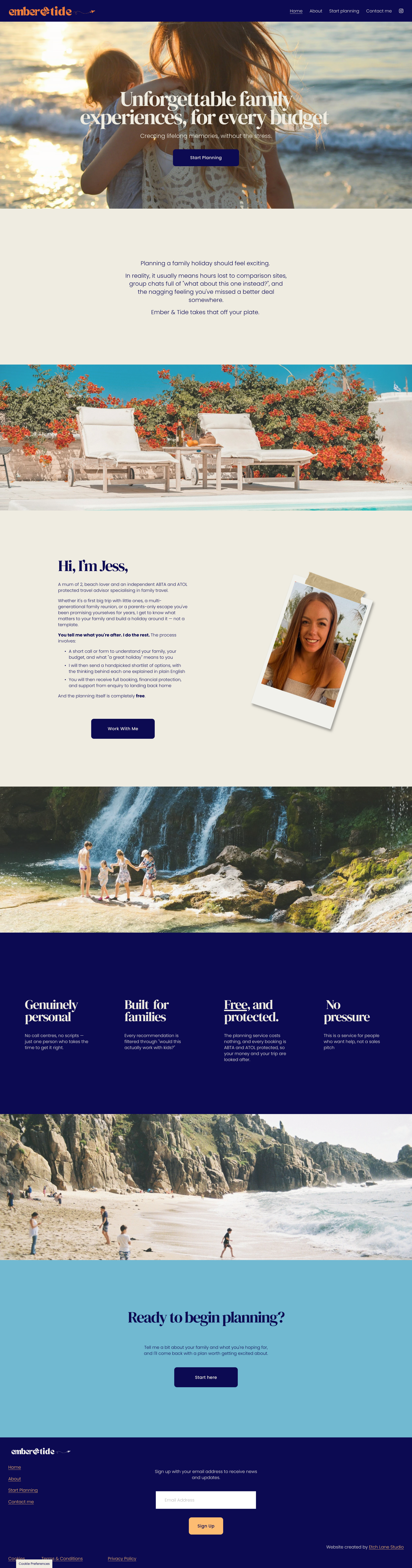 A webpage for Ember Tide, a family planning service, featuring a background image of a woman holding a small child on a beach during sunset, and images of outdoor leisure areas like a pool with lounge chairs, a waterfall, and a sandy beach with children playing.