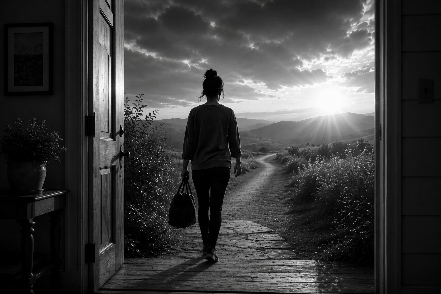 A woman walking out of a house onto a dirt path during sunset, with mountains in the background, captured in black and white.