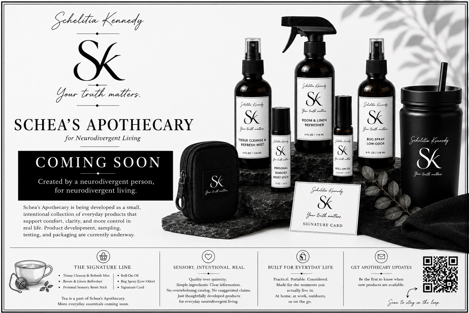 Schea’s Apothecary product preview featuring black bottles, spray, roll-on, and Signature Card for Neurodivergent Living.