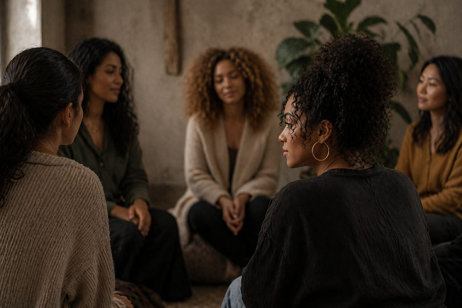 A group of five women sitting in a circle, engaged in a discussion in a cozy, rustic room with a textured wall and a large plant in the background.