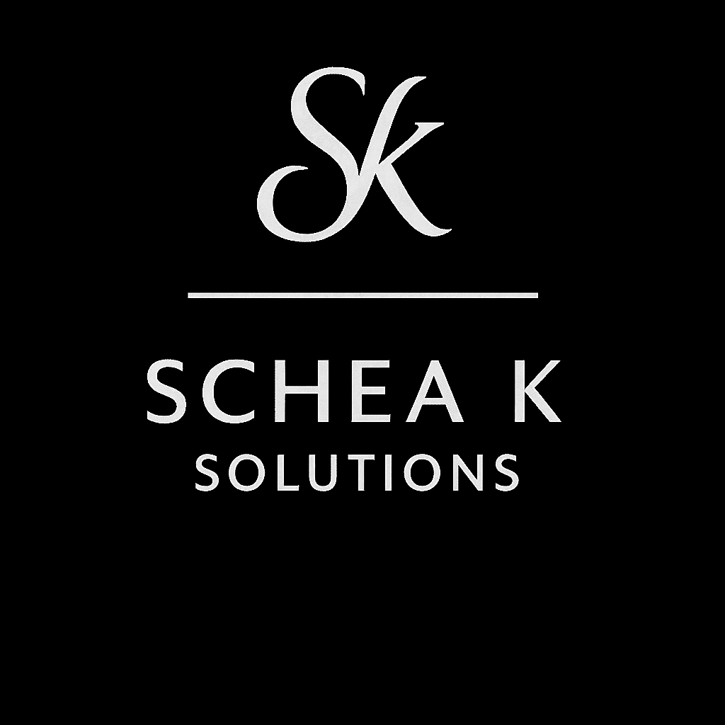 Black background with silver logo and text for Schea K Solutions, including a stylized 'Sk' at the top and a horizontal line above the company name.