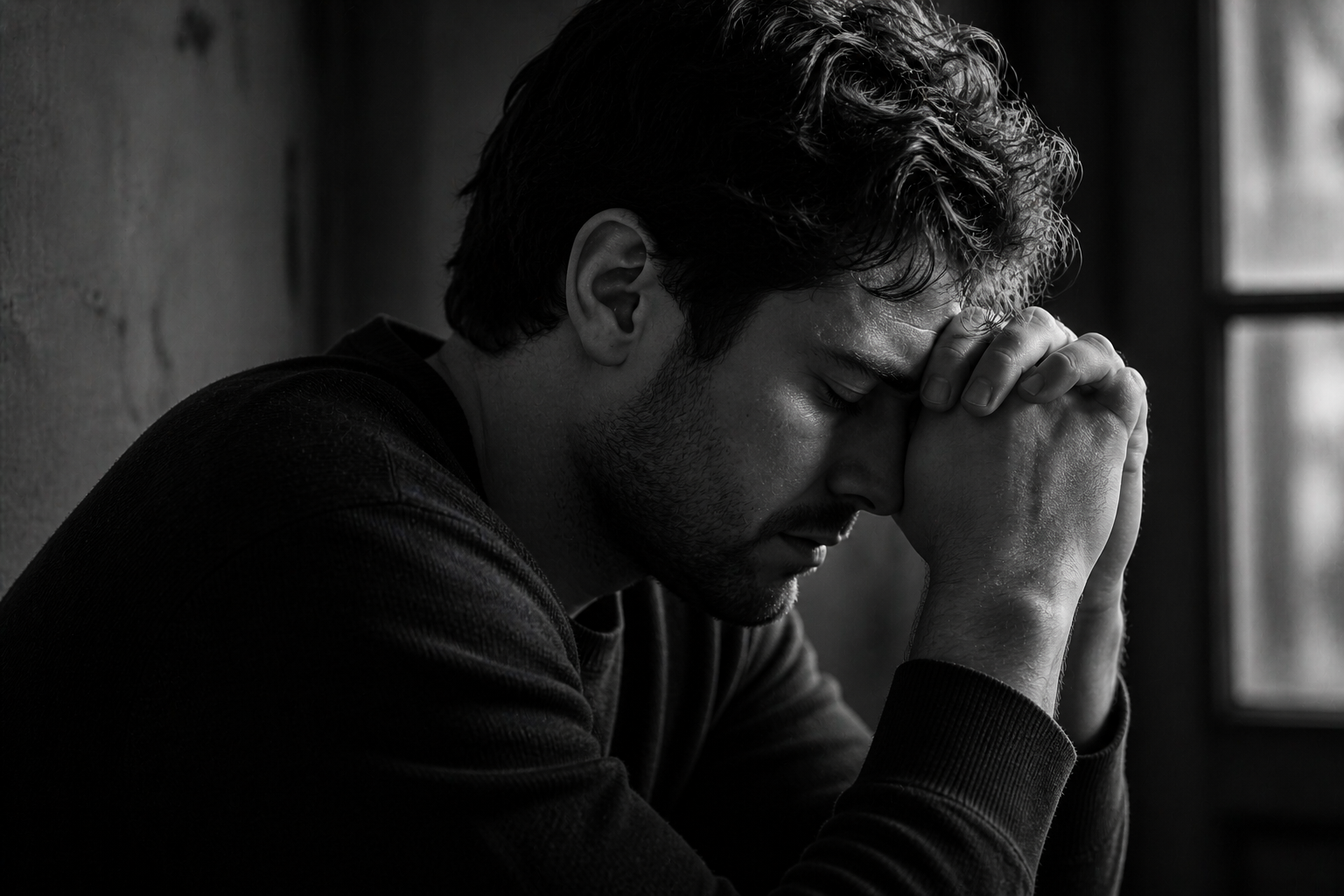 A man with dark, wavy hair and a beard is sitting with his eyes closed, hands clasped together against his forehead, appearing distressed or deep in thought, next to a window with natural light