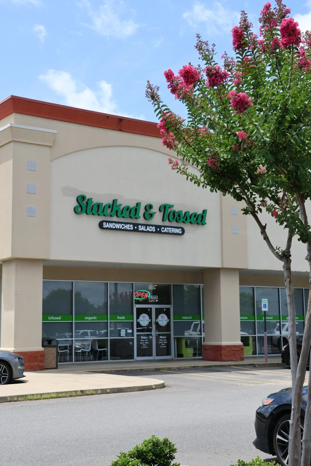 Stacked and Tossed restaurant exterior 7460 Youree Drive Shreveport Louisiana fresh sandwiches and salads