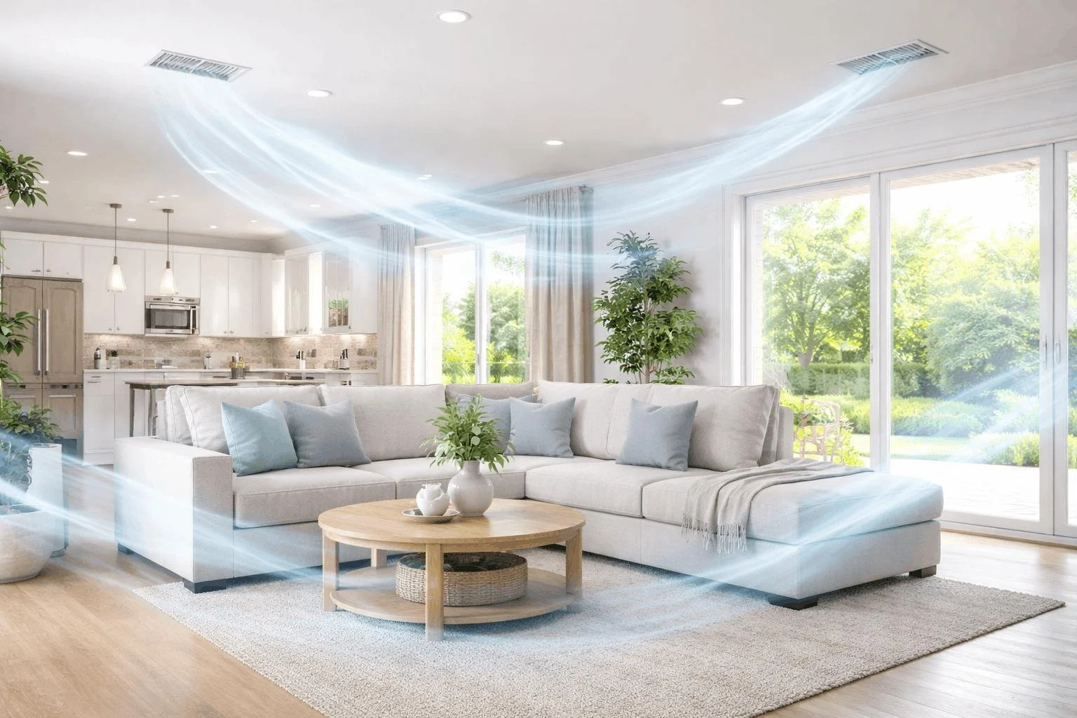 Bright living room with large windows, white sectional sofa, light wooden coffee table with potted plant, and open kitchen in the background.