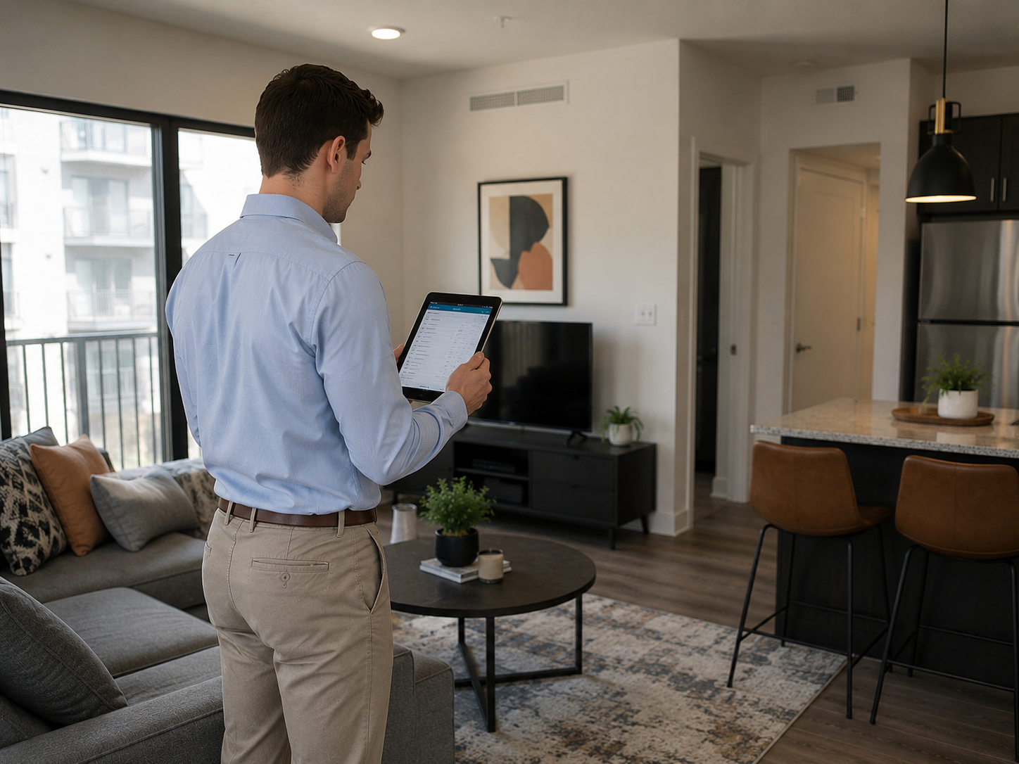A man standing in a modern living room, looking at a tablet device.