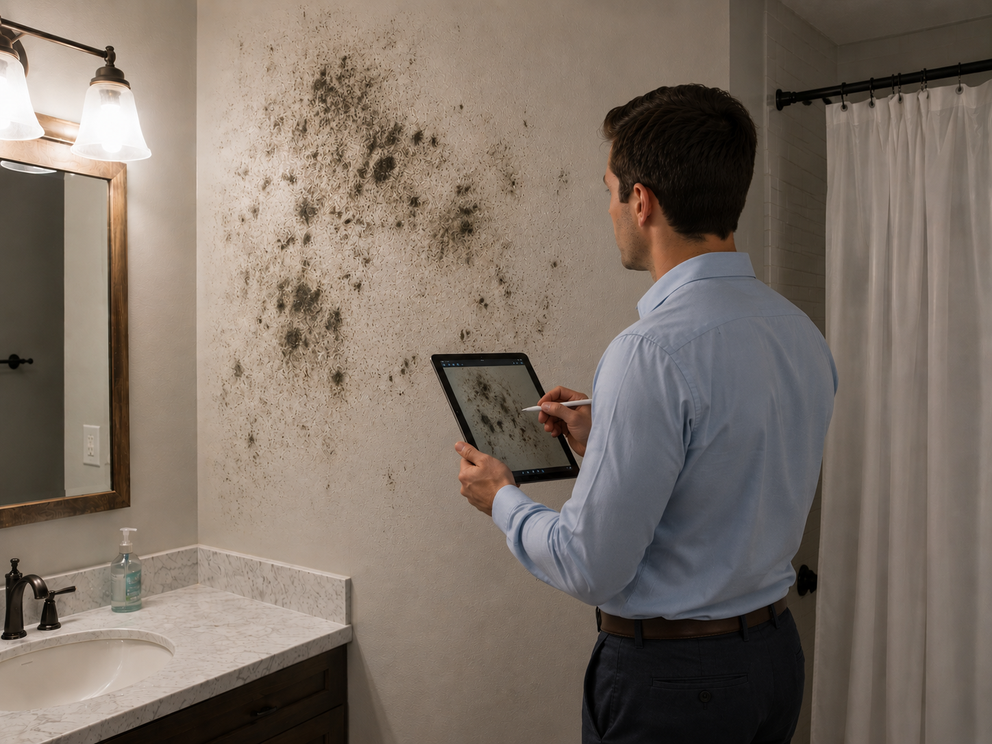 Man inspecting mold on bathroom wall with tablet, bathroom with sink, mirror, and shower curtain.