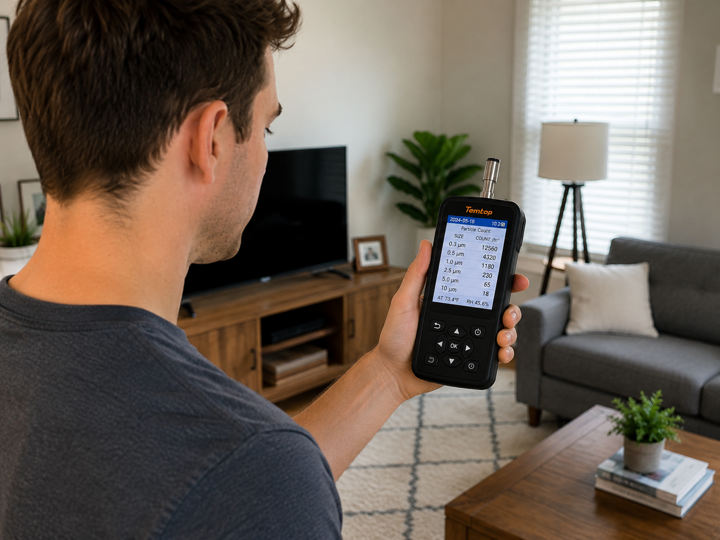 A man holding a handheld device in a living room with a television, a potted plant, and a window with blinds. The device's screen shows measurements and data.