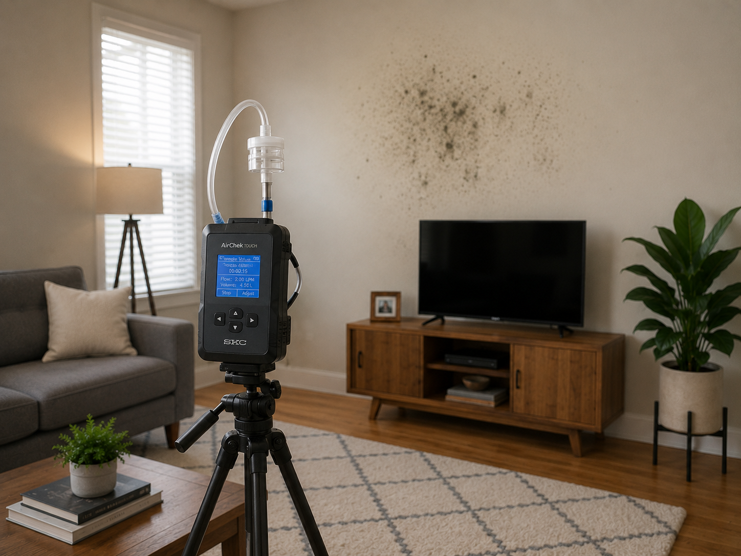 Living room with a TV on a wooden stand, a gray sofa with a white pillow, a potted plant, a lamp, and a camera mounted on a tripod in the foreground