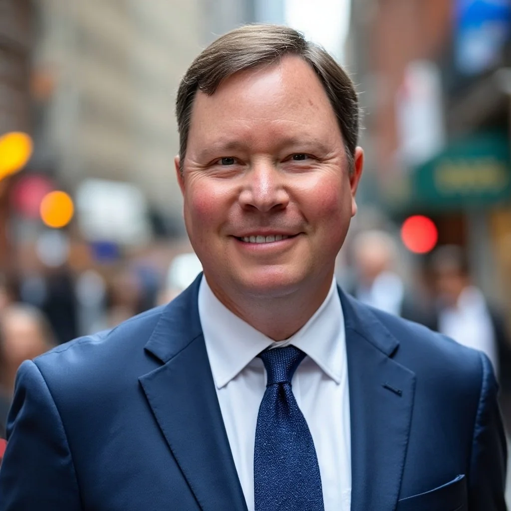 A smiling man in a navy suit and tie standing outdoors in a city street.