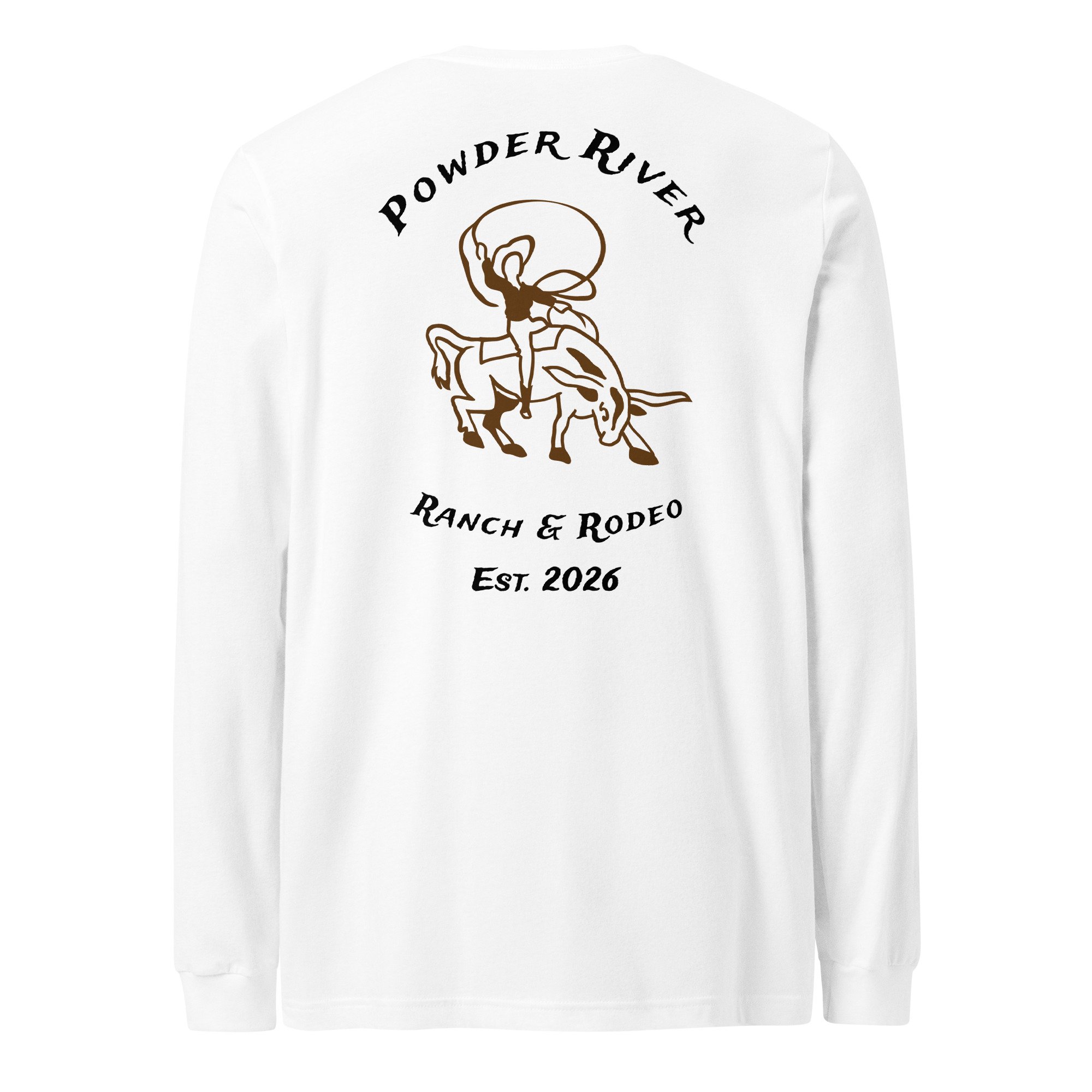 White sweatshirt with a graphic of a person riding a horse and the text ‘Powder River Ranch & Rodeo Est. 2026’.
