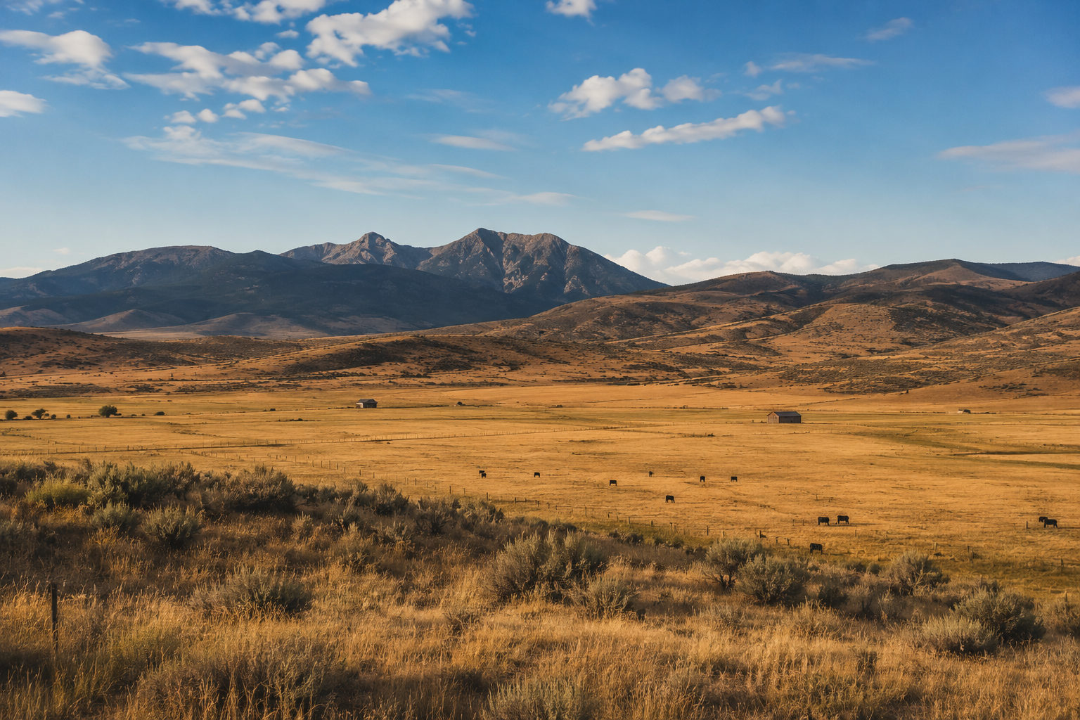Open grassland with scattered shrubs and grazing cattle in the foreground, rolling hills and mountains in the background, under a partly cloudy blue sky.