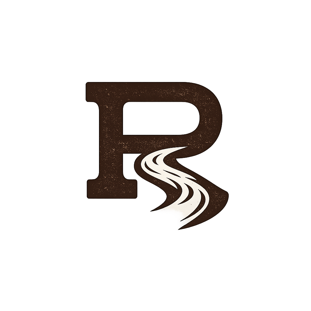 A logo with the letter R, a road, and a mountain in brown, white, and black colors