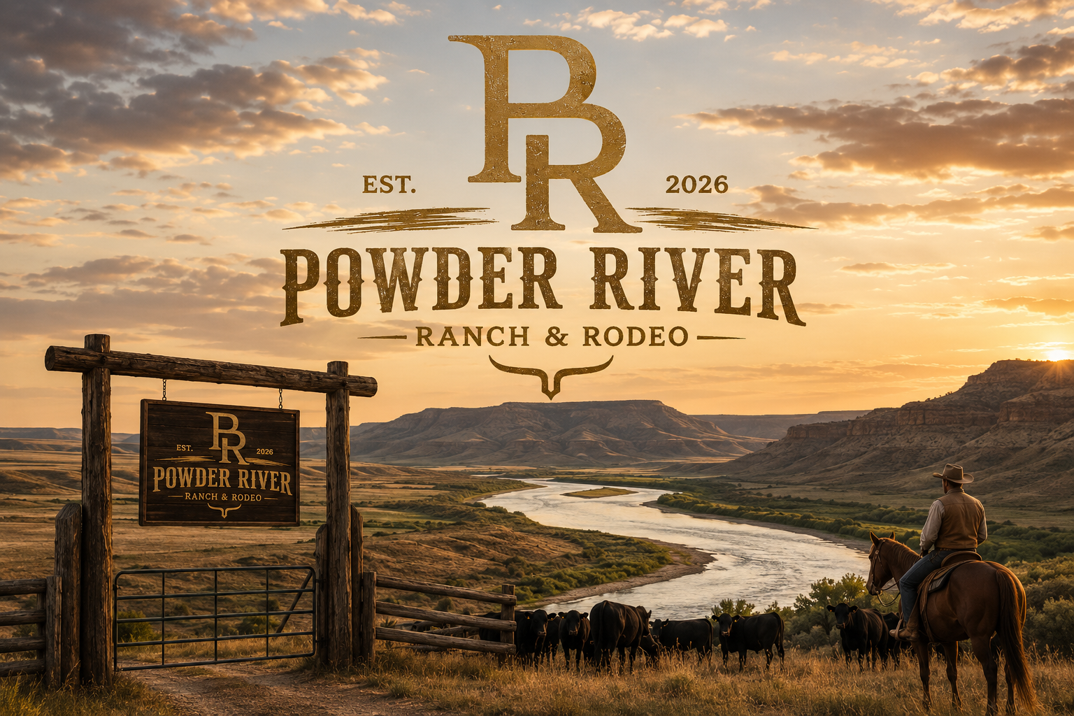 A cowboy on horseback overlooking a river valley at sunset with cattle grazing, with a sign and large logo for Powder River Ranch & Rodeo in the foreground.