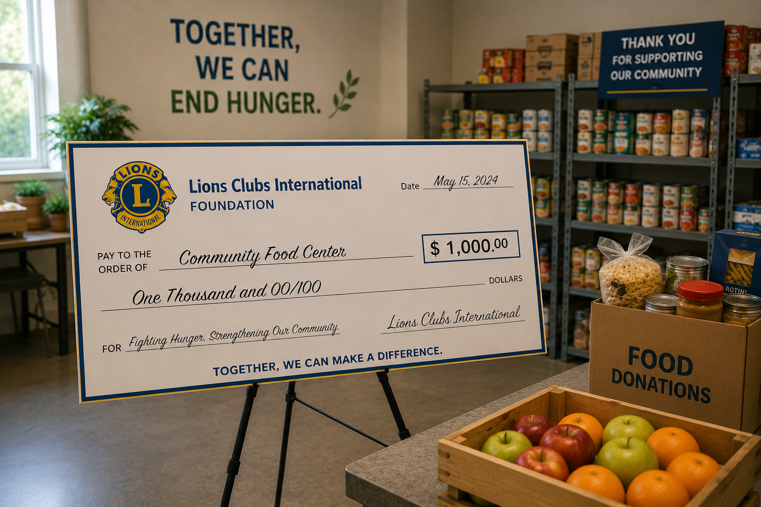 Large check from Lions Clubs International Foundation made out to Community Food Center for $1,000, dated May 15, 2024, displayed in a food donation room with canned goods on shelves, a box of food donations with jars and pasta, and a fruit basket with apples and oranges in the foreground.