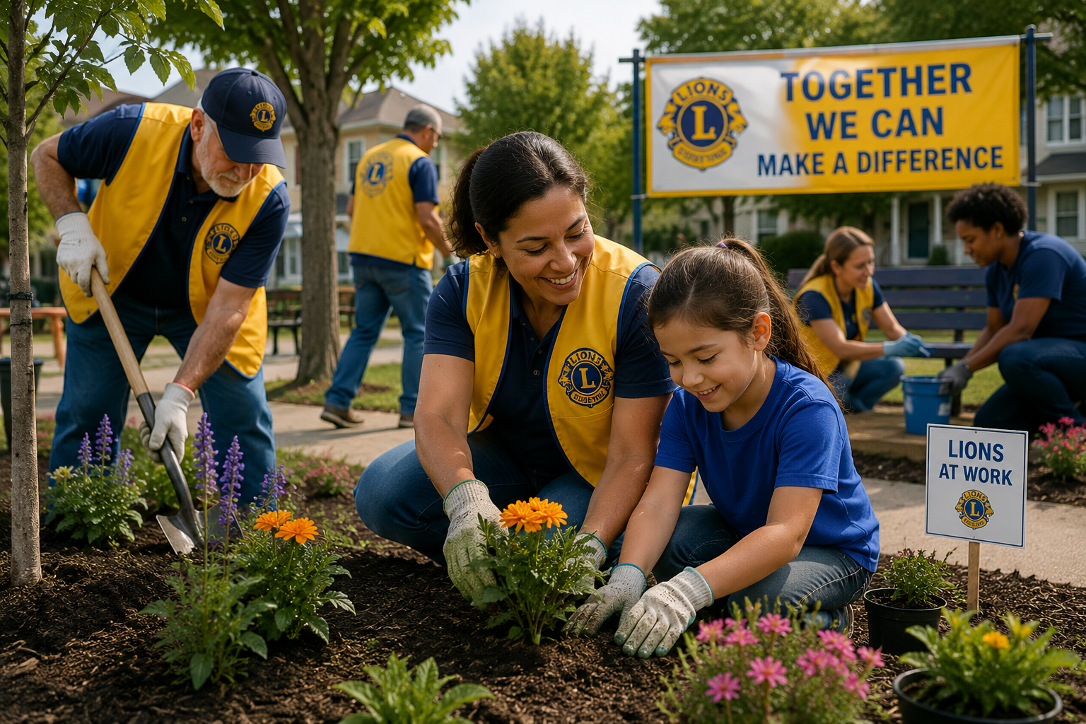 Lions Club members, including a woman and a girl, planting flowers in a community garden during a volunteer event.