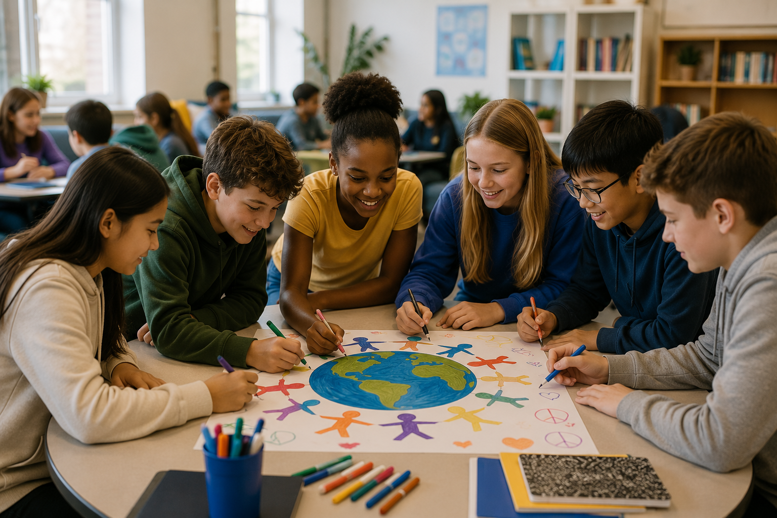 Group of diverse students gathered around a table, drawing a colorful Earth with paper cutouts of people surrounding it, in a classroom.