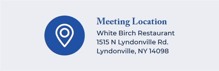 Meeting location details for White Birch Restaurant at 1515 N Lyndonville Rd, Lyndonville, NY 14098, with a location pin icon.