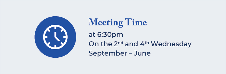 A graphic with a blue clock icon and text indicating meeting times on the second and fourth Wednesdays from September to June at 6:30 pm.