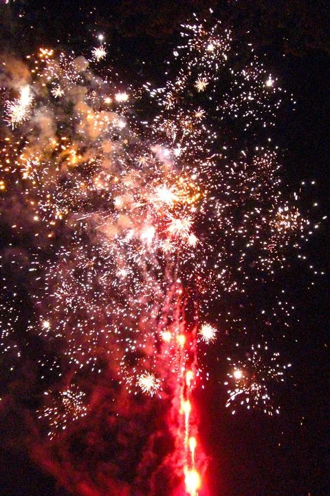 Fireworks exploding in the night sky with bright, colorful sparks and trails.