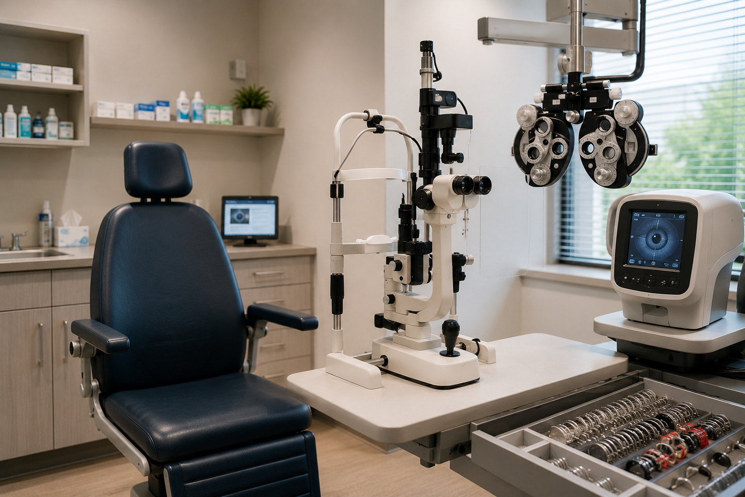 Optometry examination room with phoropter, eye chart monitor, and ophthalmic equipment.