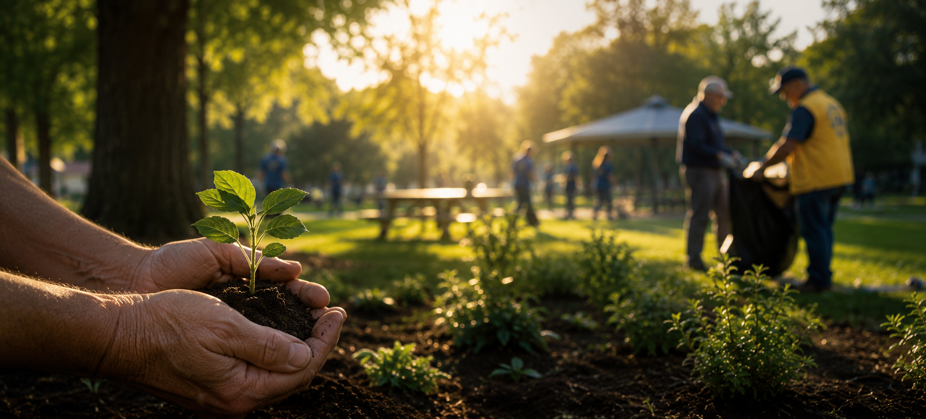 Person planting a small green seedling in soil in a park during sunset with volunteers in the background.