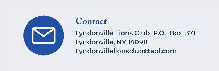 Contact information for Lyndonville Lions Club, including a P.O. Box address, email, and a mail icon