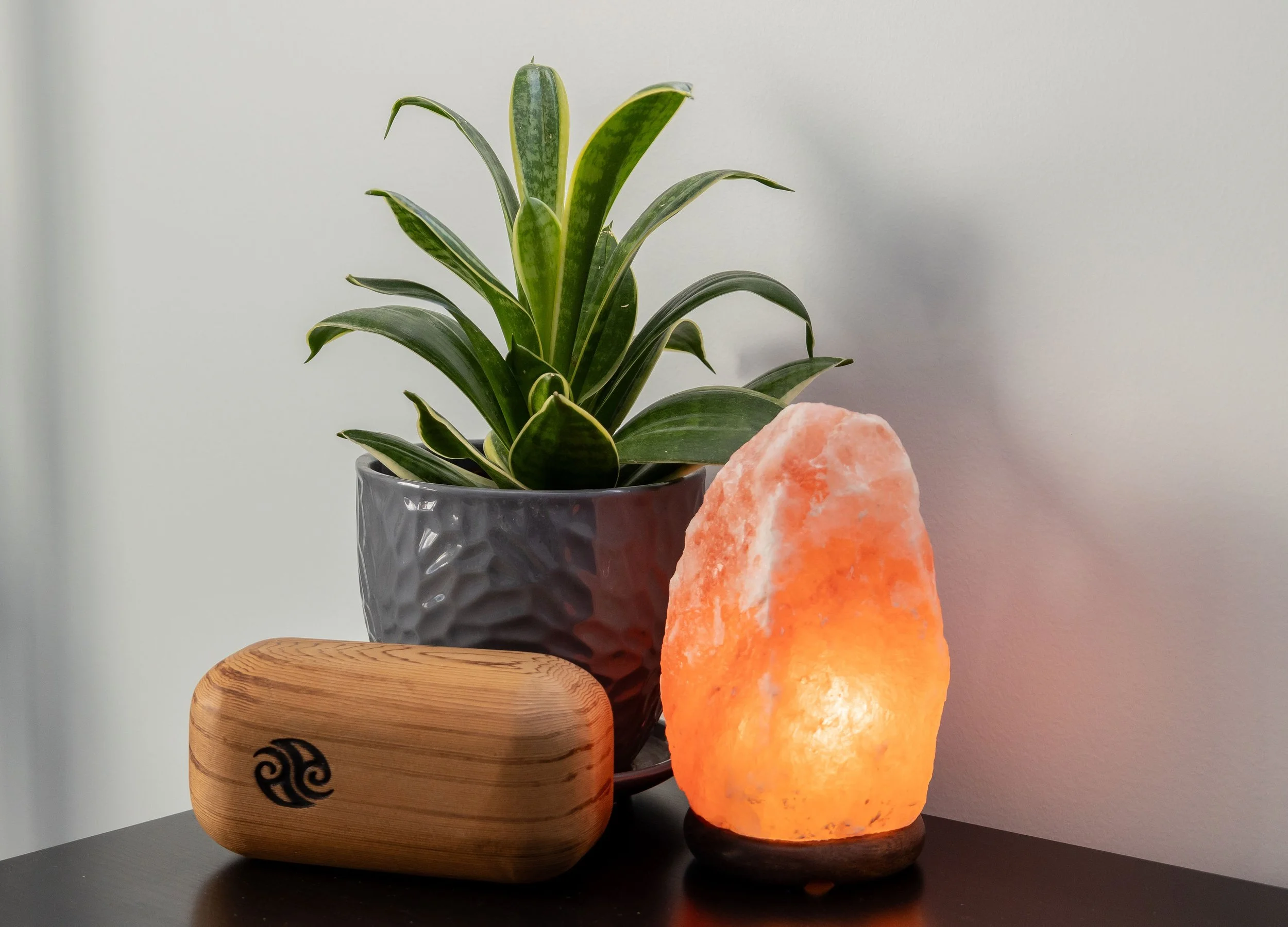 A potted plant with green striped leaves, a Himalayan salt lamp, and a wooden block with a swirl design, all placed on a black surface against a plain light wall. Penticton massage office.