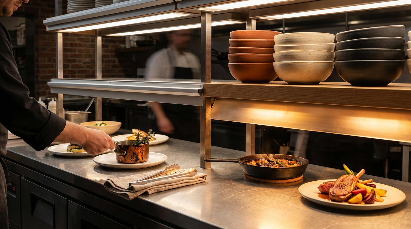 Chef plating dishes in a professional kitchen with stacked bowls and prepared food on the counter.
