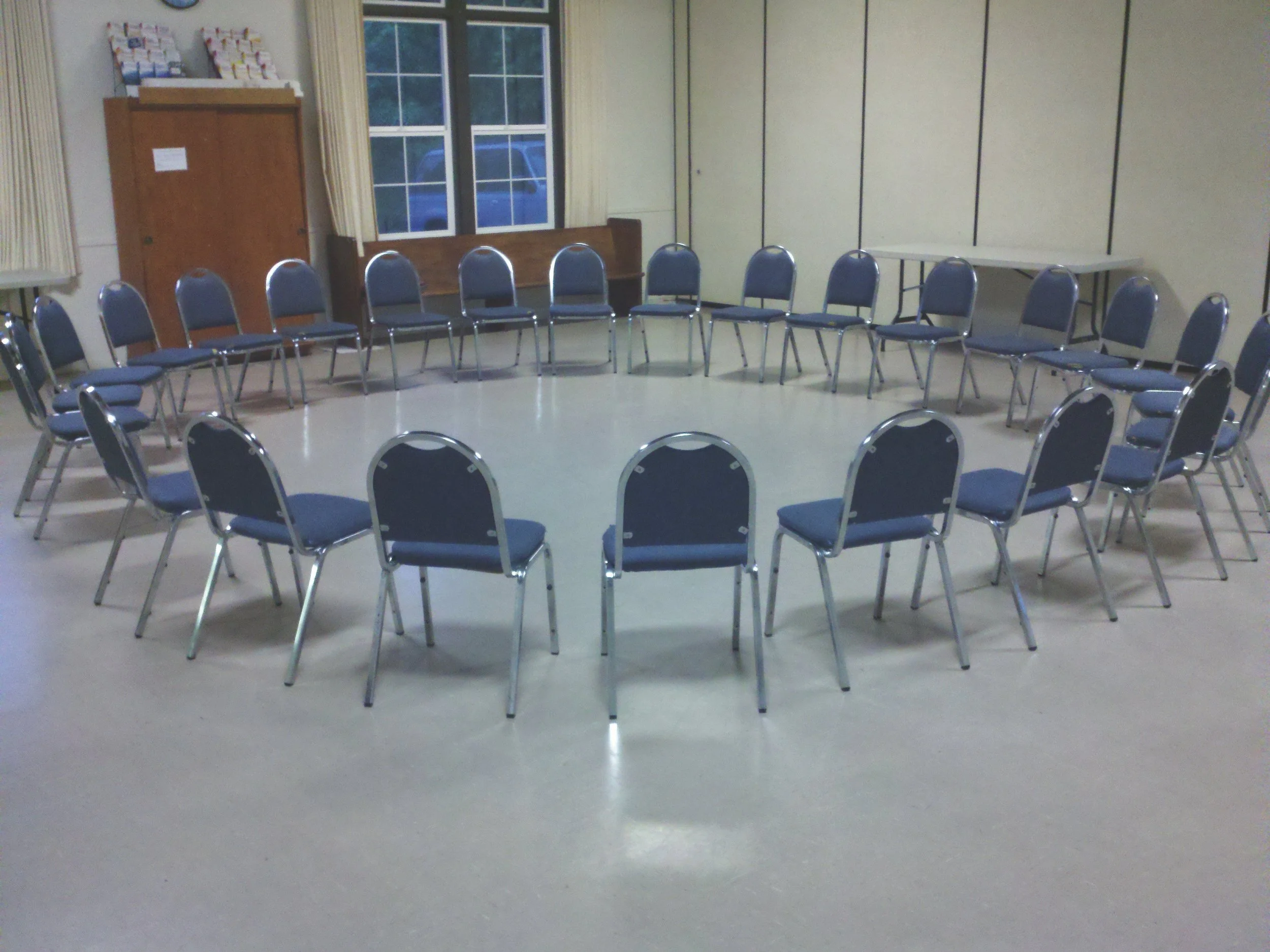 Chairs set up for a meeting of Alcoholics Anonymous