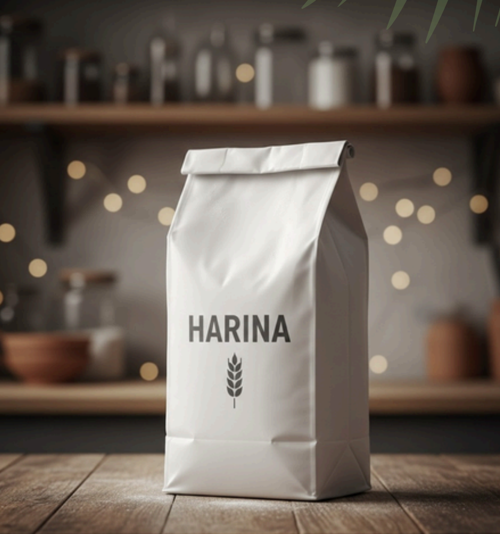 Bolsa de papel blanco con la palabra "Harina" impresa, junto a un dibujo de una espiga de trigo