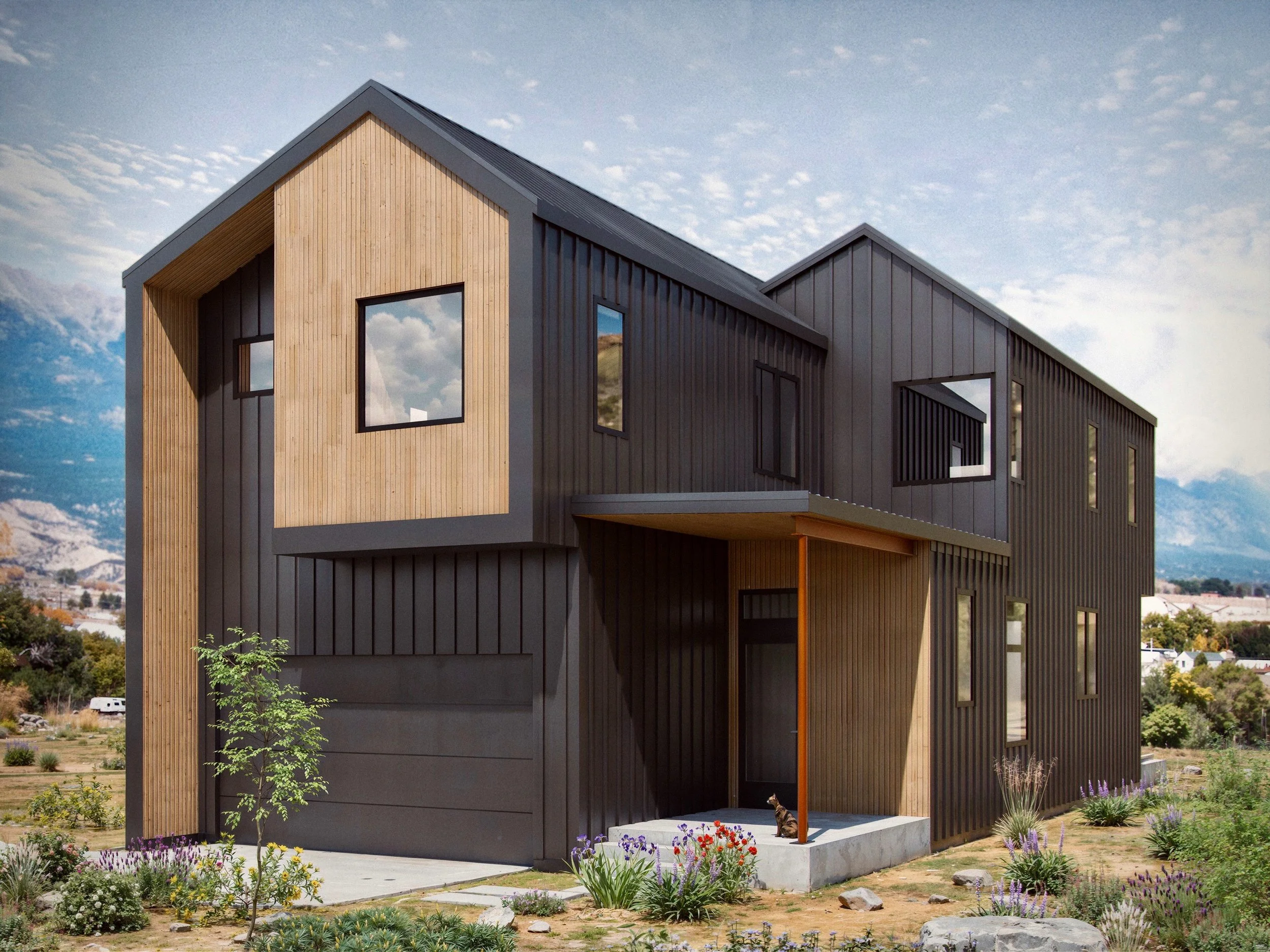 Modern two-story house with wood and dark gray siding, large windows, and a garden with colorful flowers and plants in the foreground, under a blue sky with scattered clouds.