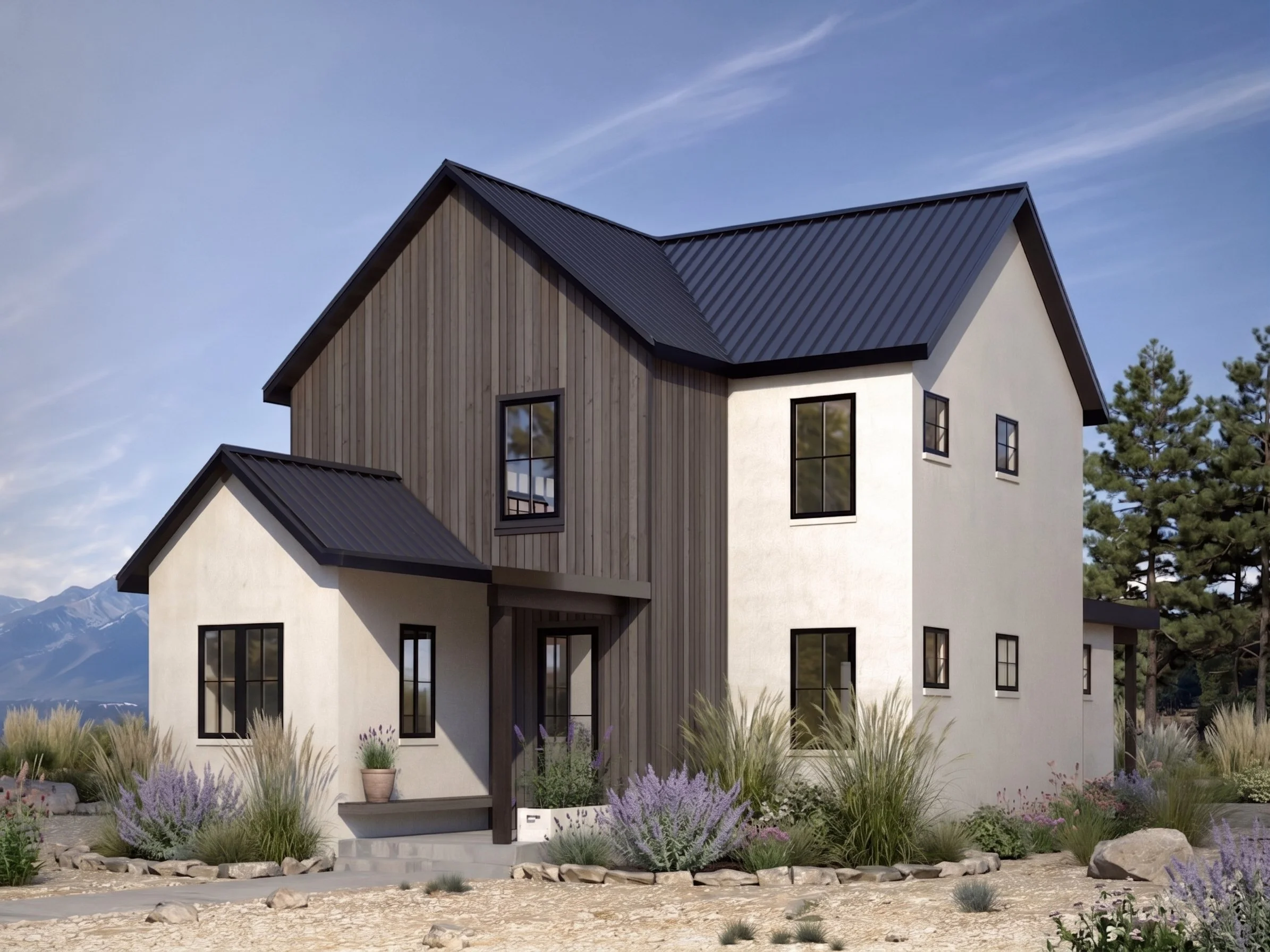 Front view of a modern two-story house with a combination of white and wooden exterior, black-framed windows, surrounded by landscaped plants and rocks, under a partly cloudy sky.
