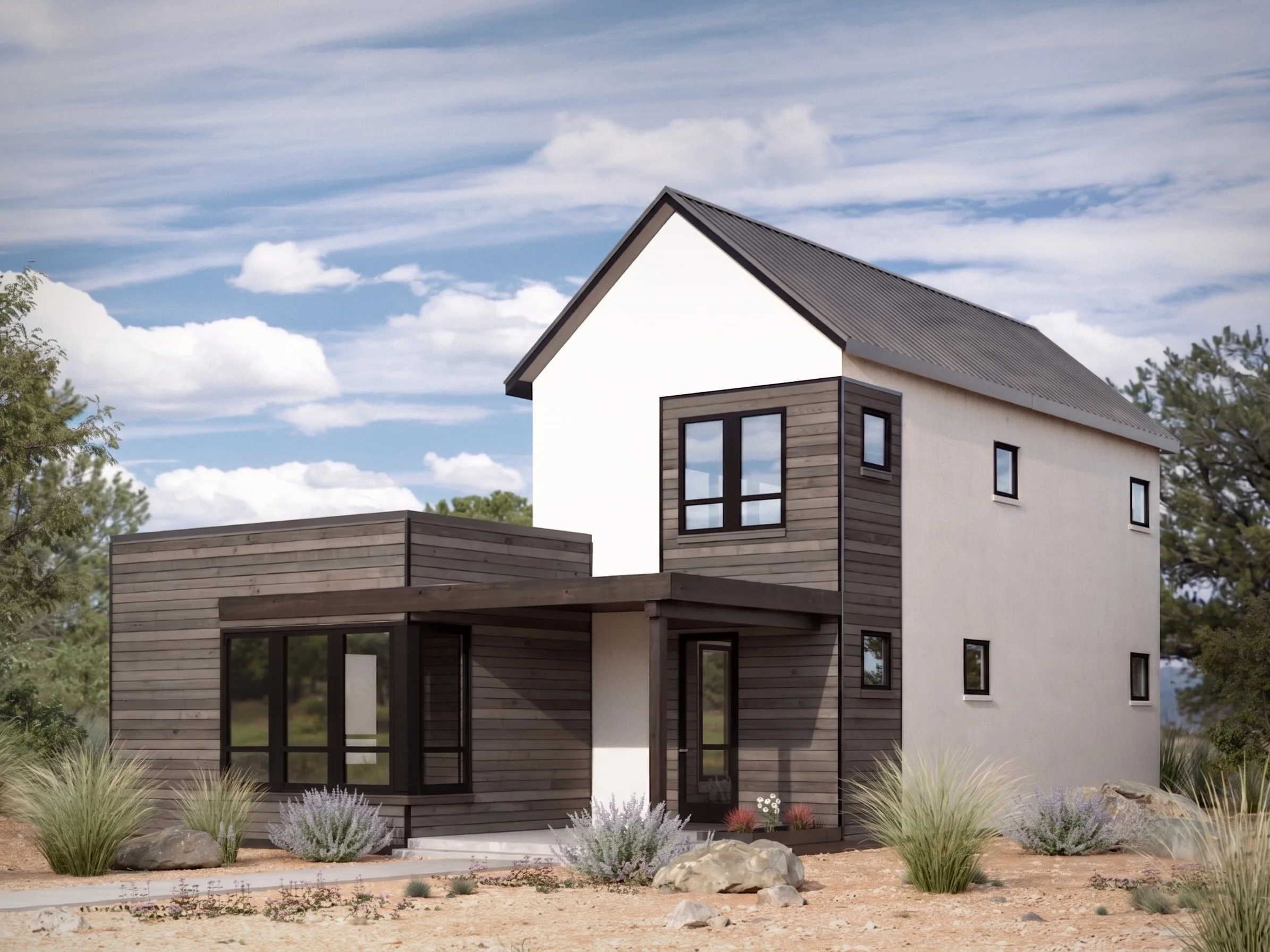 Modern two-story house with a combination of white and wooden exterior, large windows, and a sloped roof, set in a landscaped yard with rocks and ornamental grasses under a partly cloudy sky.