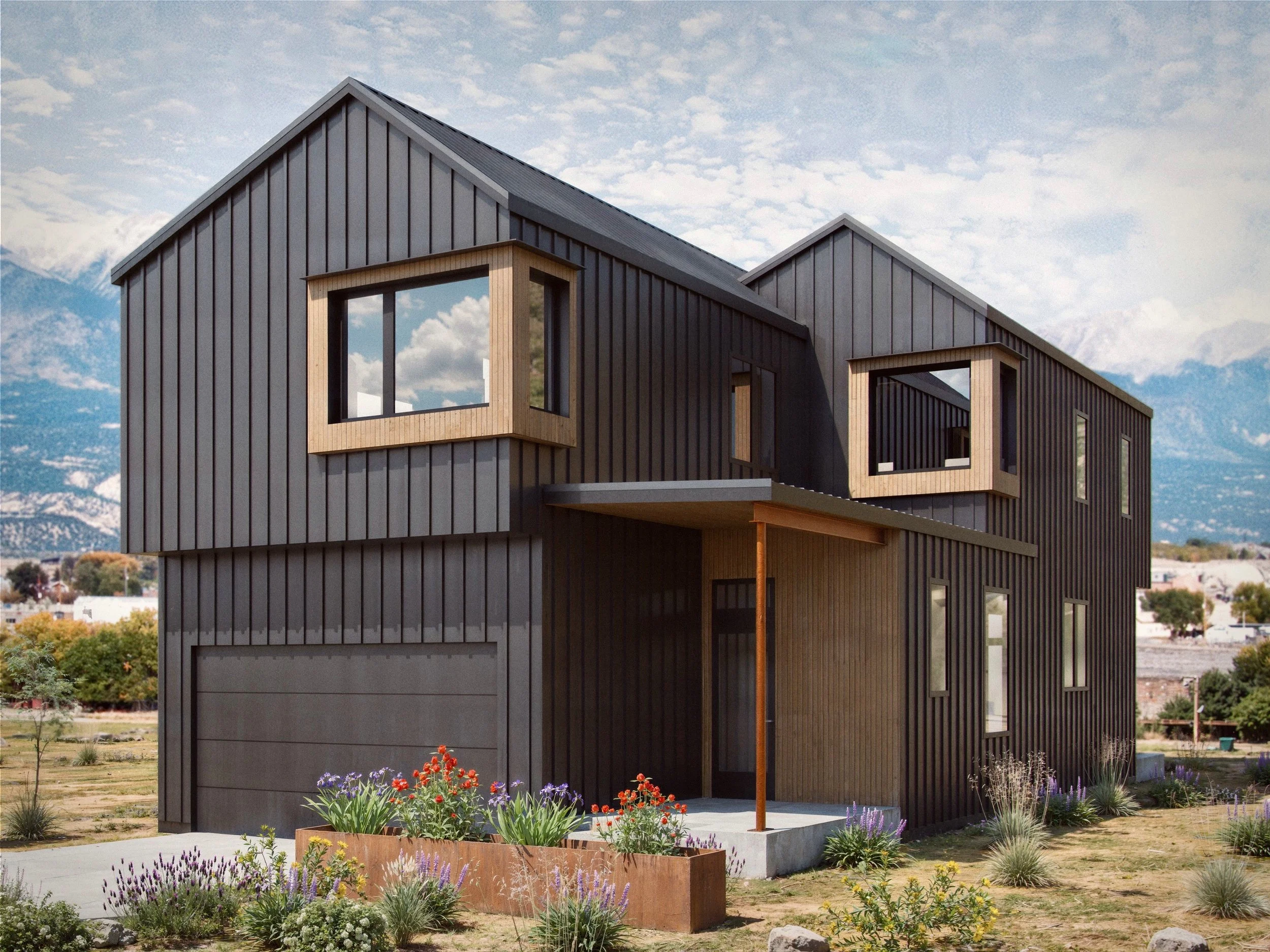 Modern house with dark vertical siding, large windows, and a small garden with colorful flowers in the foreground, set against a partly cloudy sky.