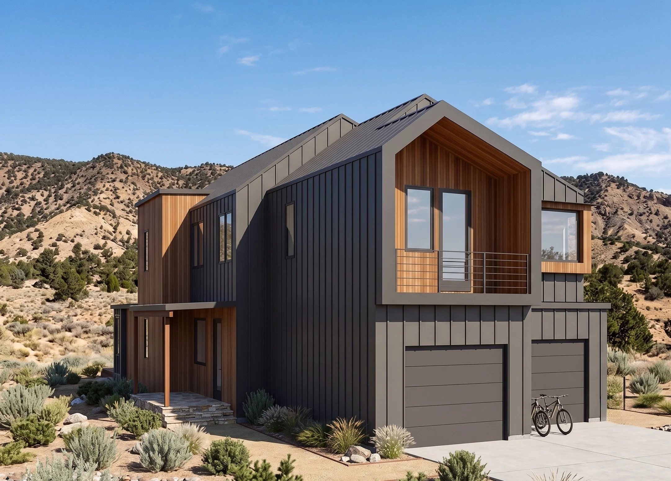 Modern house with gray and wooden panels, large windows, situated in a desert landscape with mountains and sparse vegetation.