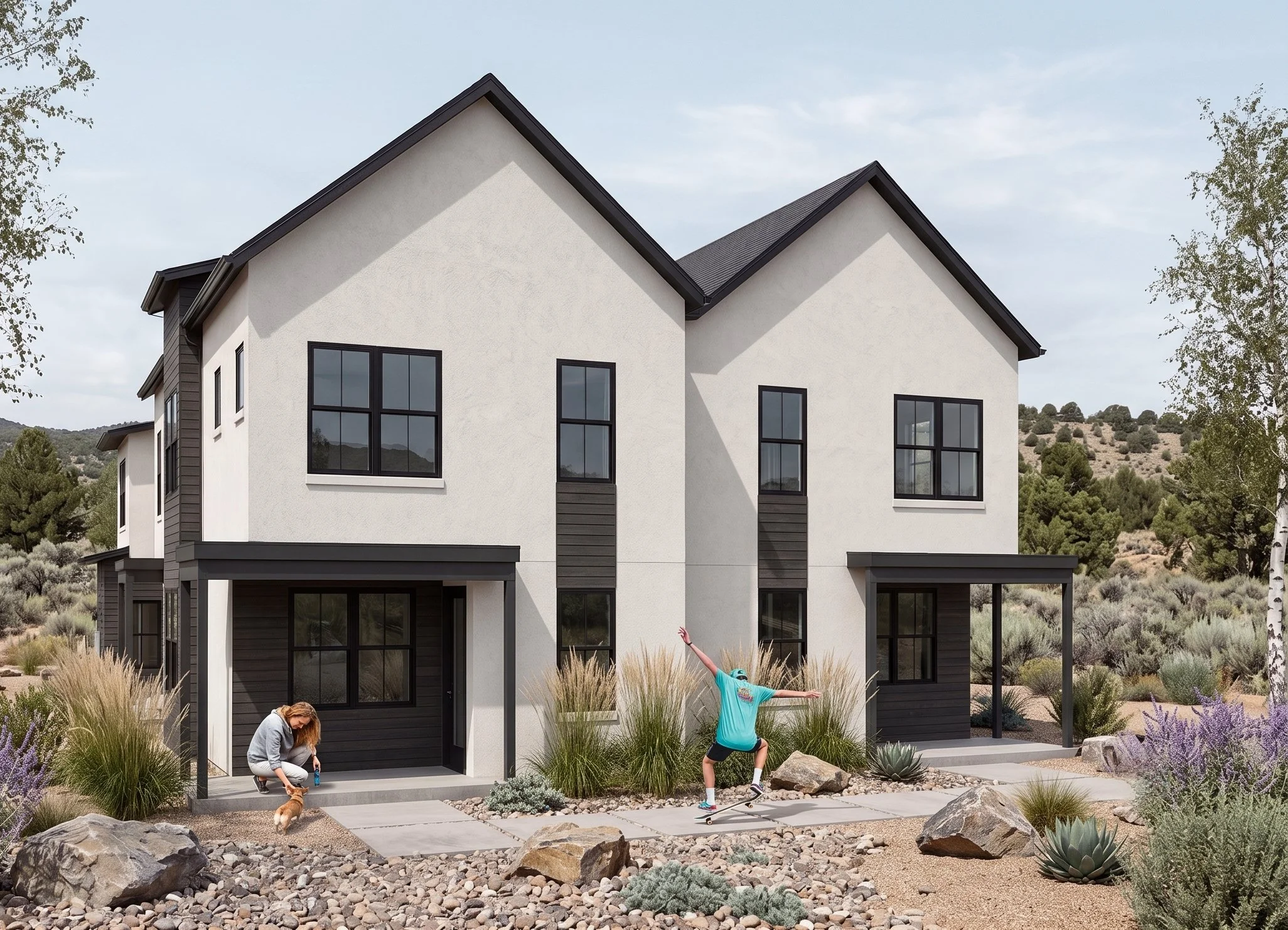 A modern two-story house with large windows, surrounded by desert landscaping with rocks and drought-tolerant plants, with two children playing outside.