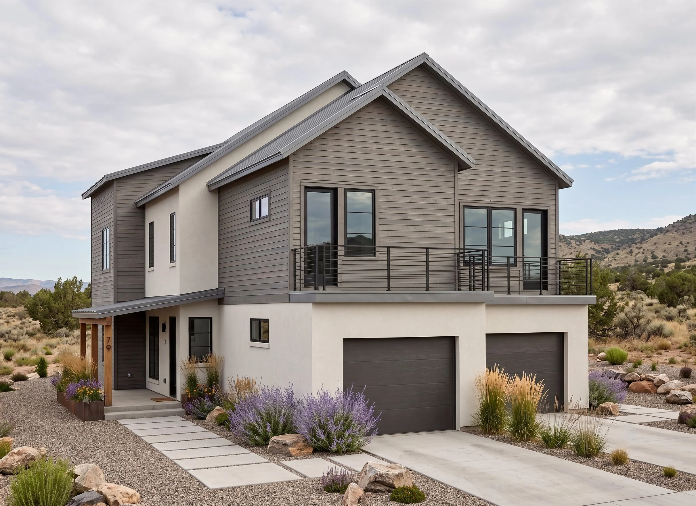 Modern two-story house with a mix of wood and stucco exterior, large windows, and a balcony, set in a desert landscape with rocks, plants, and hills in the background under cloudy sky.