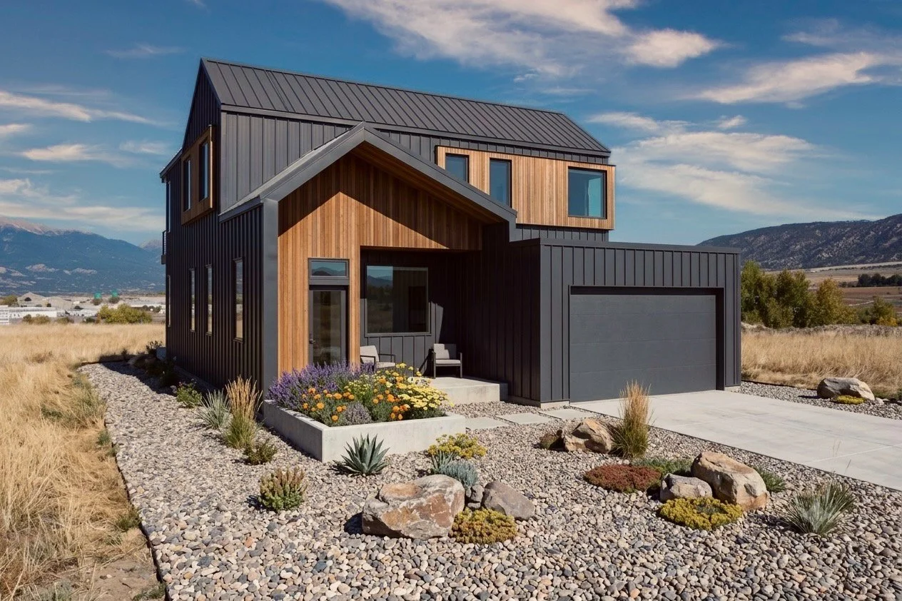 Modern two-story house with black metal and wood exterior, front porch with seating, gravel landscaping, and mountain background.