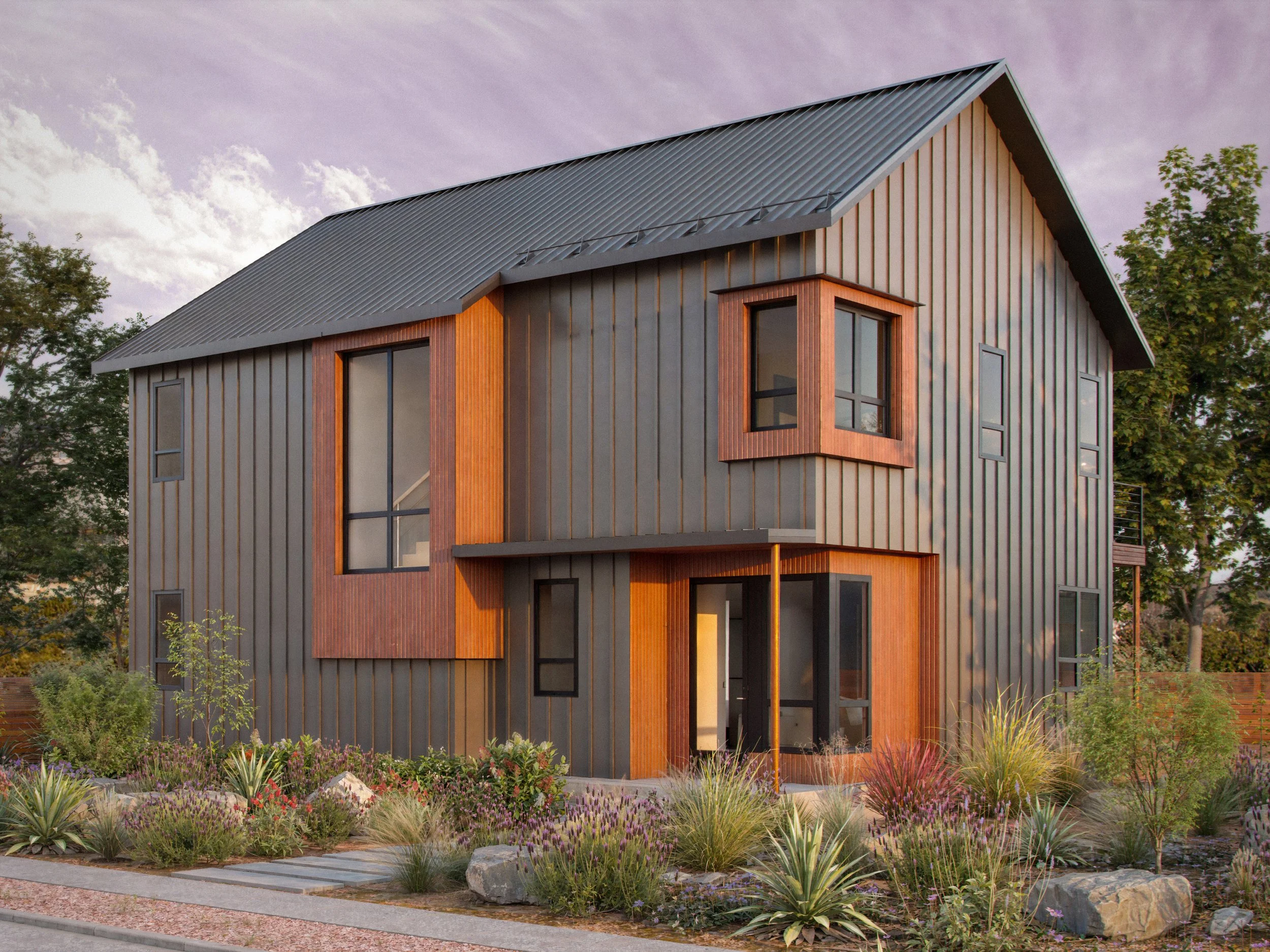 A mountain modern gable-roofed house with a spacious back patio and upper deck that's accessible from the primary suite.